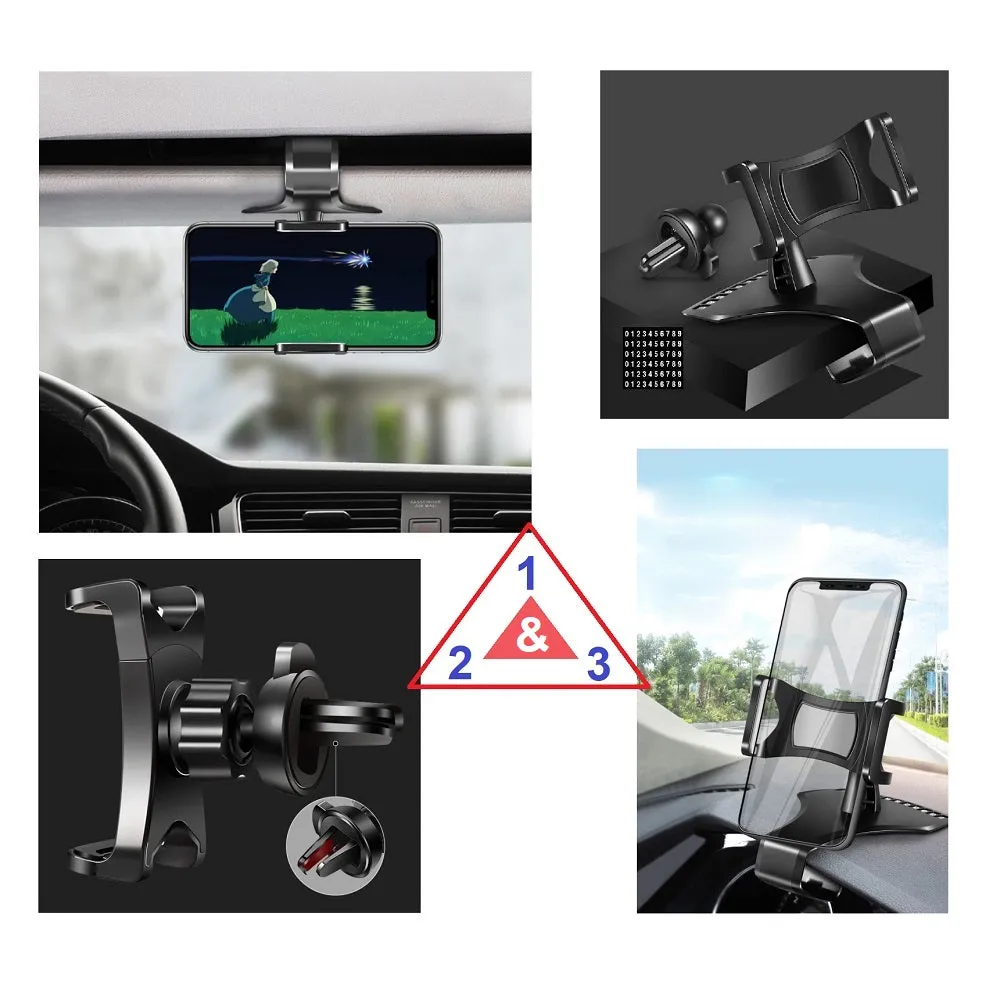 3 in 1 Car GPS Smartphone Holder: Dashboard / Visor Clamp   AC Grid Clip for Blackview A10 - Black