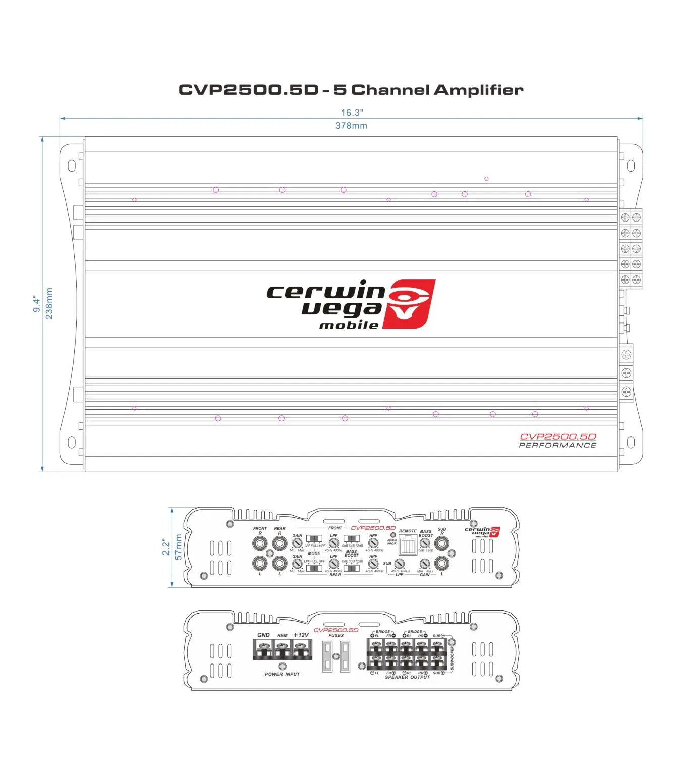 5 Channel Bridgeable Class AB Amplifier with Bass Control Knob - CVP2500.5D
