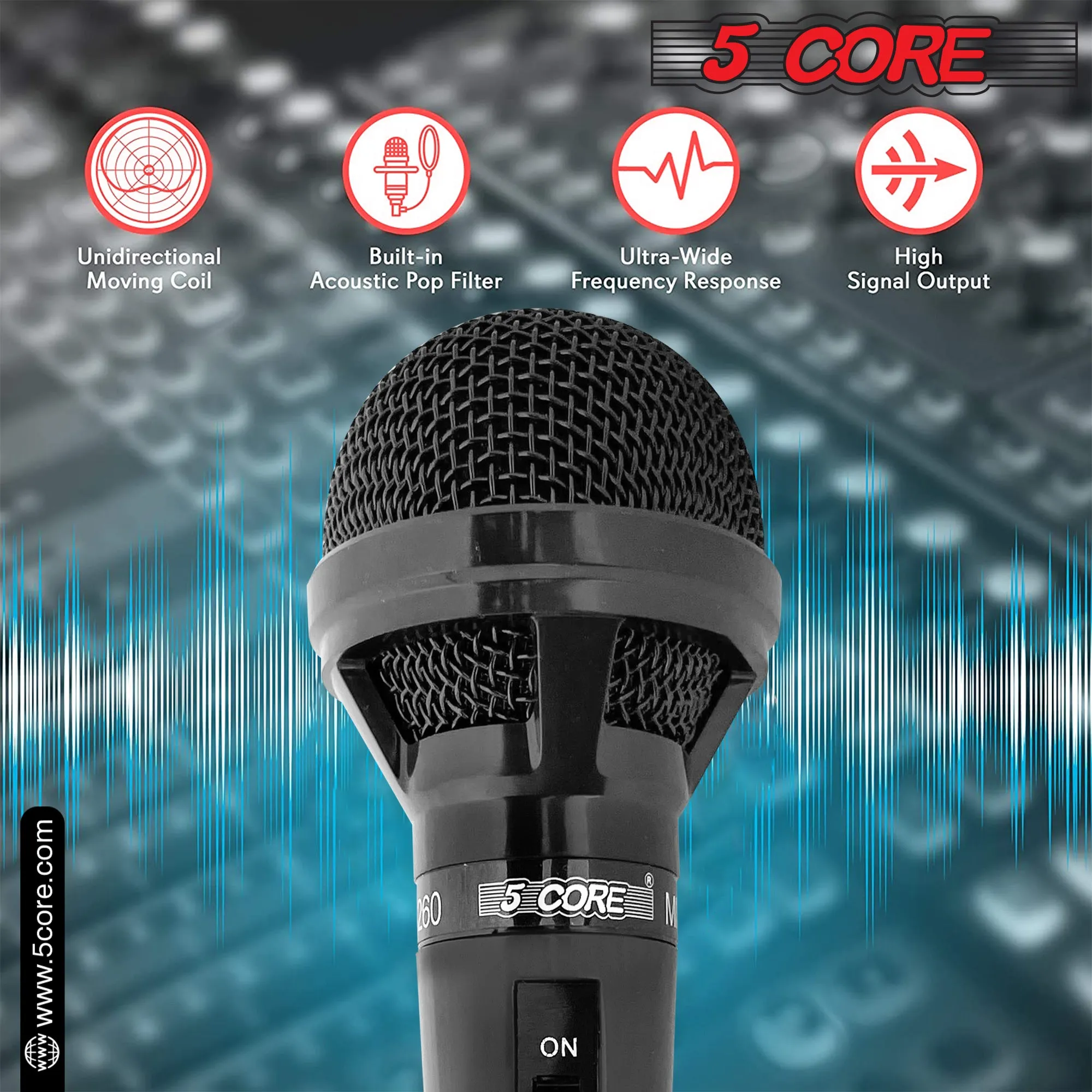 5 CORE Premium Vocal Dynamic Cardioid Handheld Microphone Neodymium Magnet Unidirectional Mic with 12ft XLR Deluxe Cable to ¼ Audio Jack, and On/Off Switch for Karaoke Singing (MIC 260)