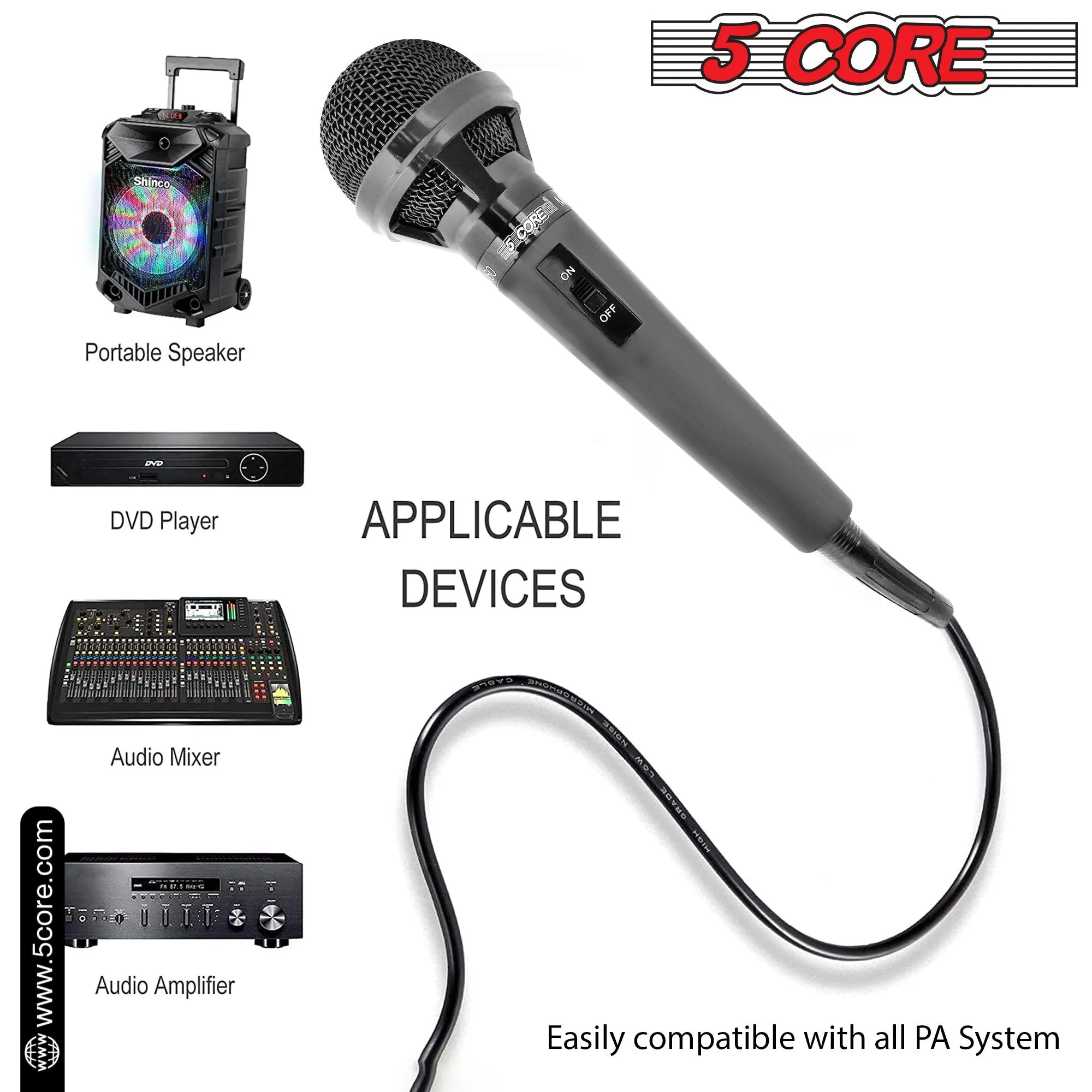 5 Core Premium Vocal Dynamic Cardioid Handheld Microphone Neodymium Magnet Unidirectional Mic with 12ft XLR Deluxe Cable to  Audio Jack, and On/Off Switch for Karaoke Singing (MIC 260)