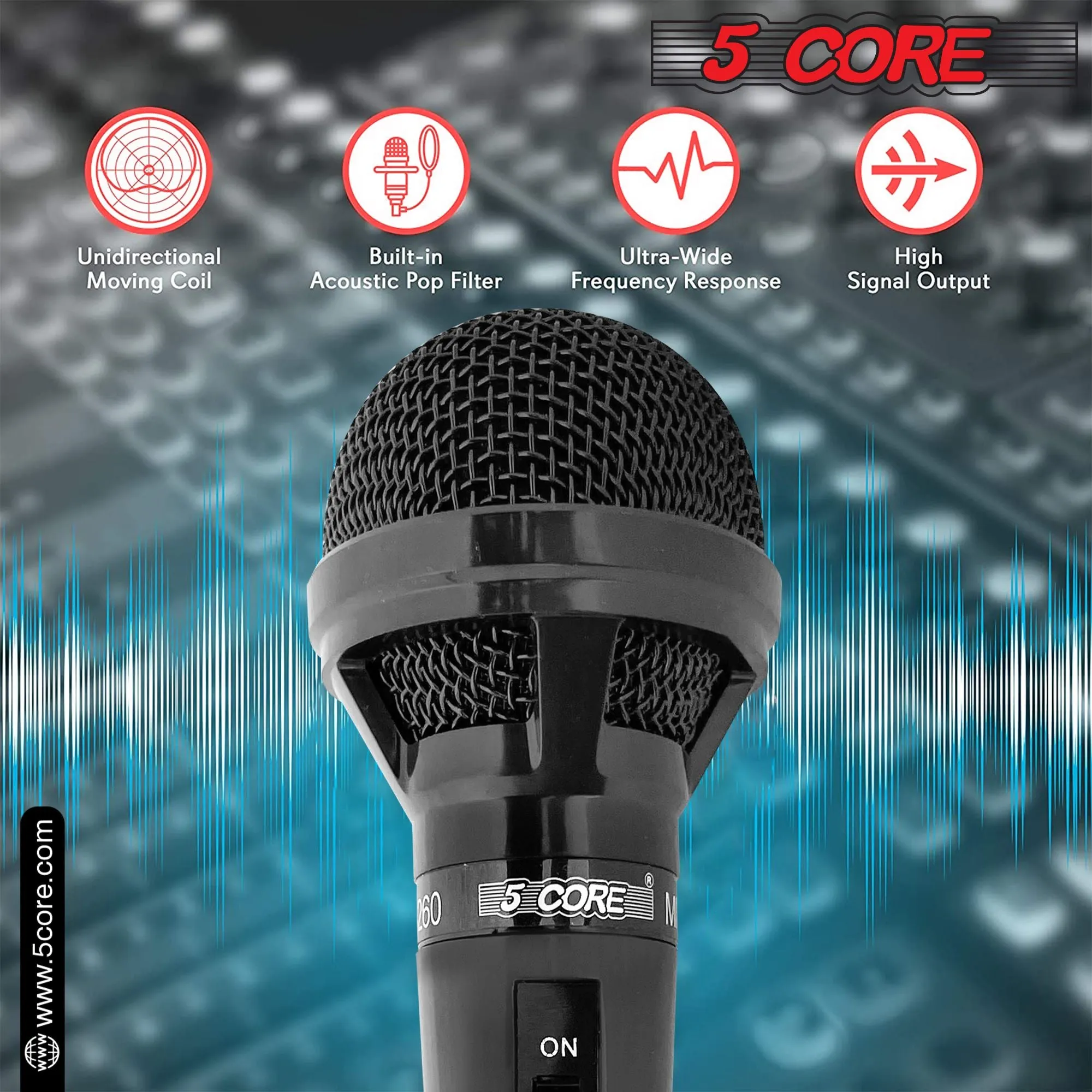 5 Core Premium Vocal Dynamic Cardioid Handheld Microphone Neodymium Magnet Unidirectional Mic with 12ft XLR Deluxe Cable to  Audio Jack, and On/Off Switch for Karaoke Singing (MIC 260)