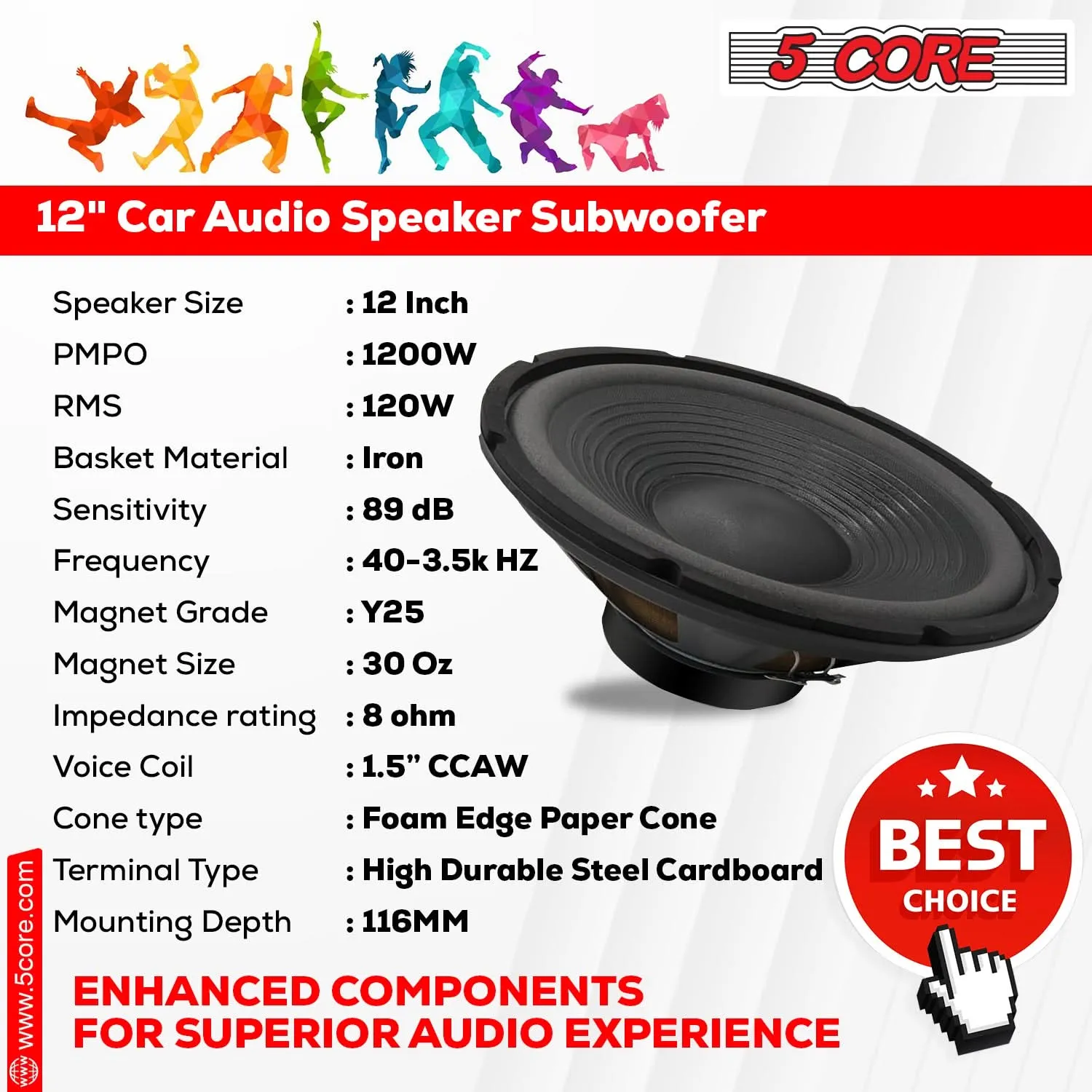 5Core 12 Inch DJ Subwoofer Speaker 1200W Peak 8Ohm Audio Replacement Sub woofer