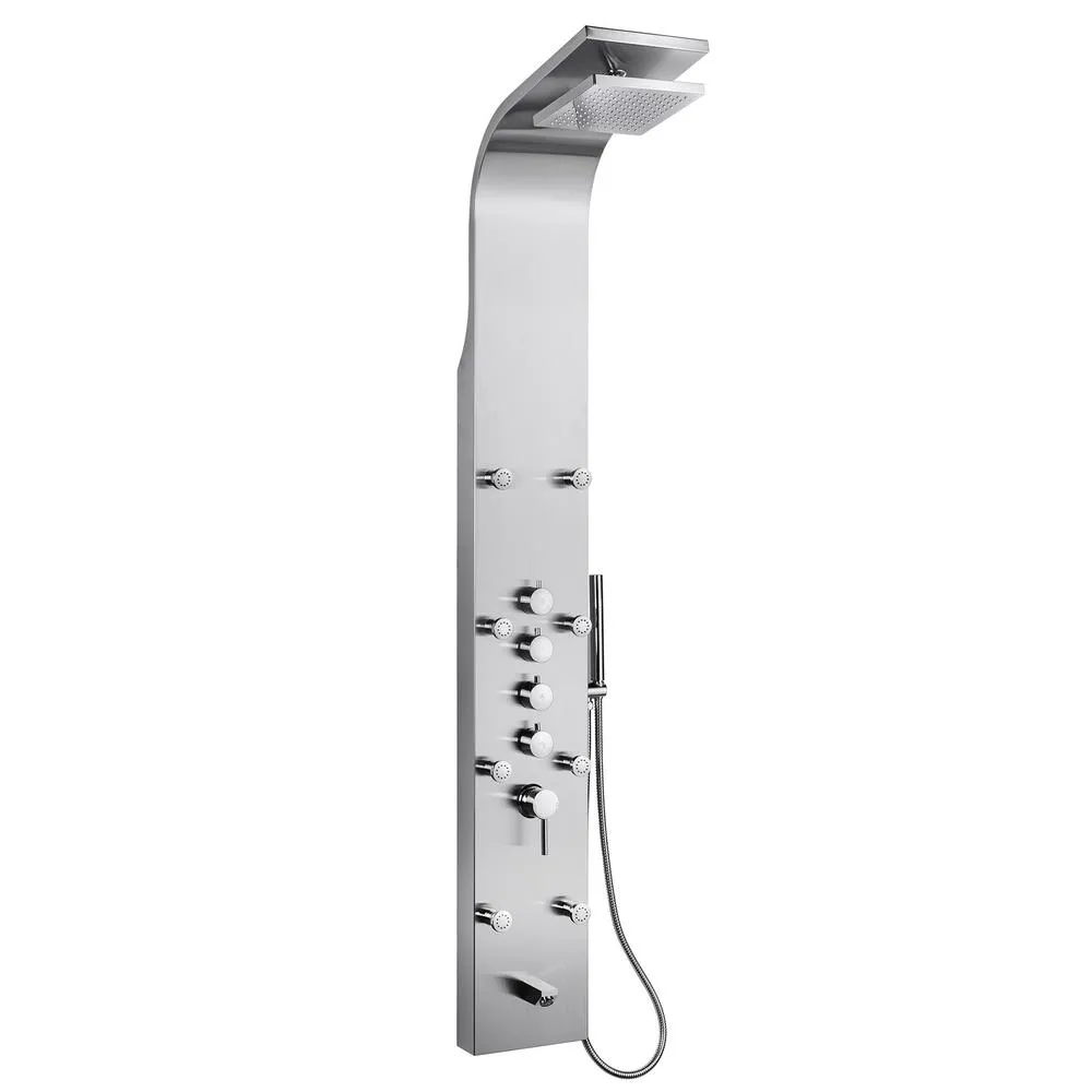 65 in. 8-Jet Shower Panel System in Stainless Steel with Adjustable Rainfall Shower Head, Handshower Wand and Tub Spout