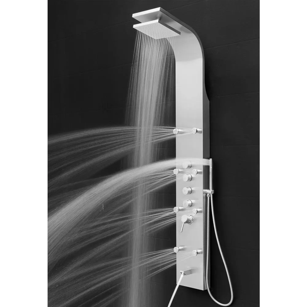 65 in. 8-Jet Shower Panel System in Stainless Steel with Adjustable Rainfall Shower Head, Handshower Wand and Tub Spout