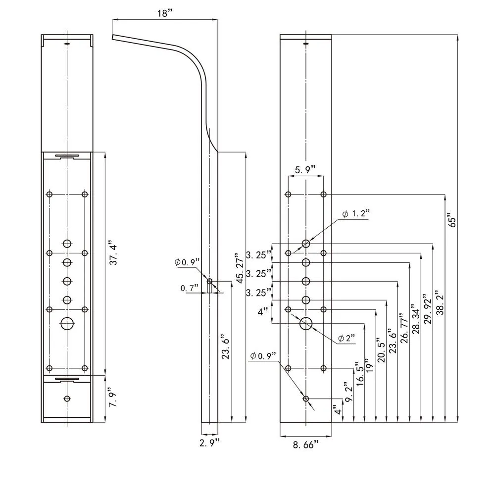 65 in. 8-Jet Shower Panel System in Stainless Steel with Adjustable Rainfall Shower Head, Handshower Wand and Tub Spout