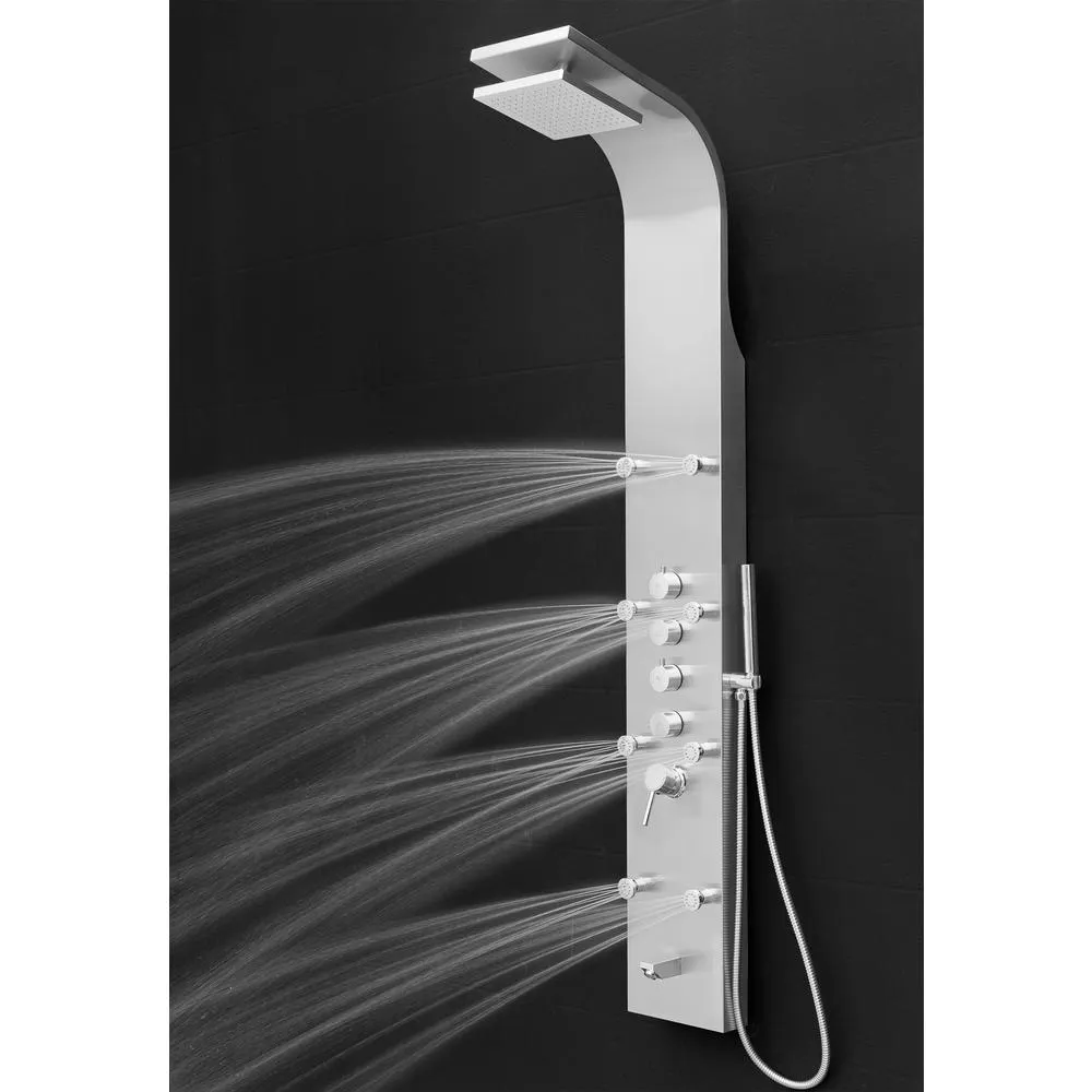 65 in. 8-Jet Shower Panel System in Stainless Steel with Adjustable Rainfall Shower Head, Handshower Wand and Tub Spout