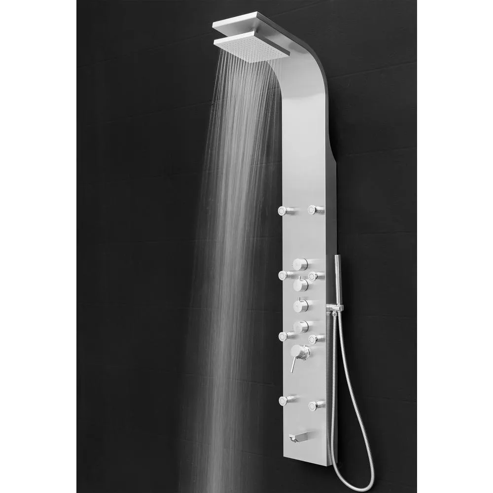 65 in. 8-Jet Shower Panel System in Stainless Steel with Adjustable Rainfall Shower Head, Handshower Wand and Tub Spout