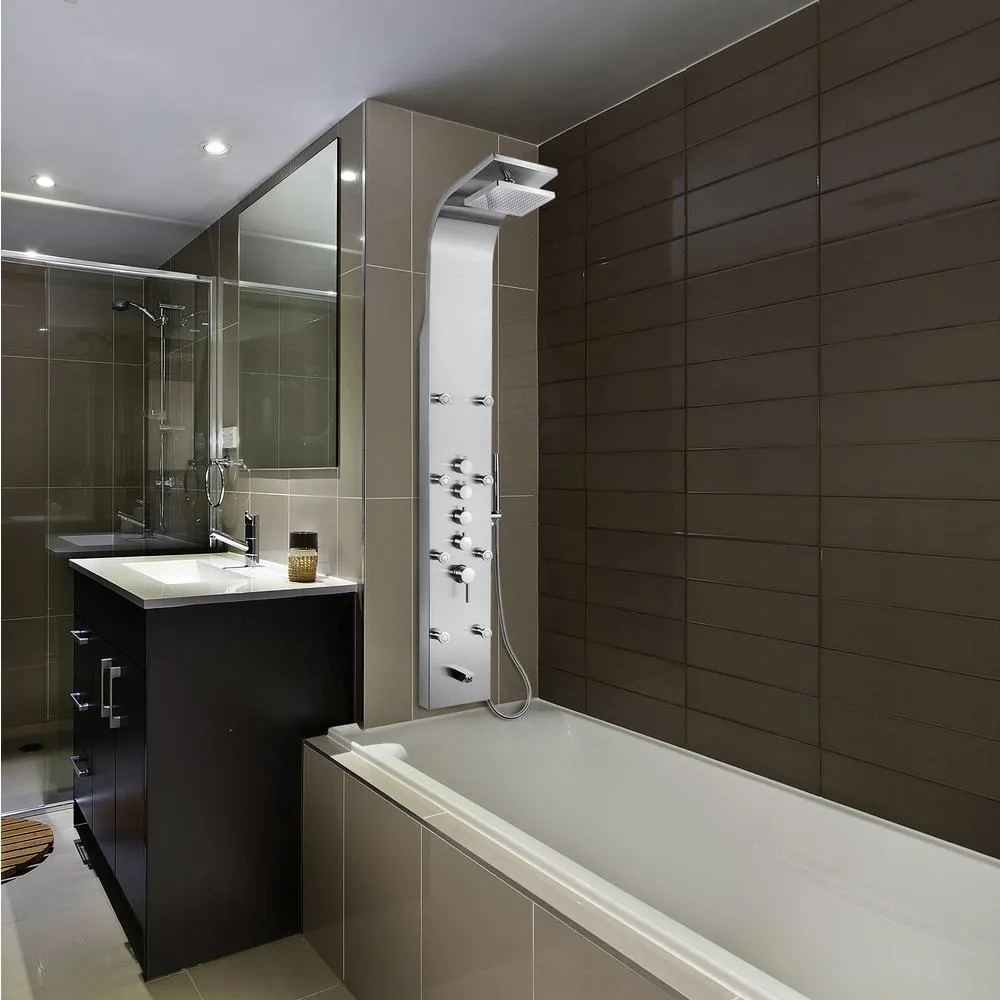 65 in. 8-Jet Shower Panel System in Stainless Steel with Adjustable Rainfall Shower Head, Handshower Wand and Tub Spout