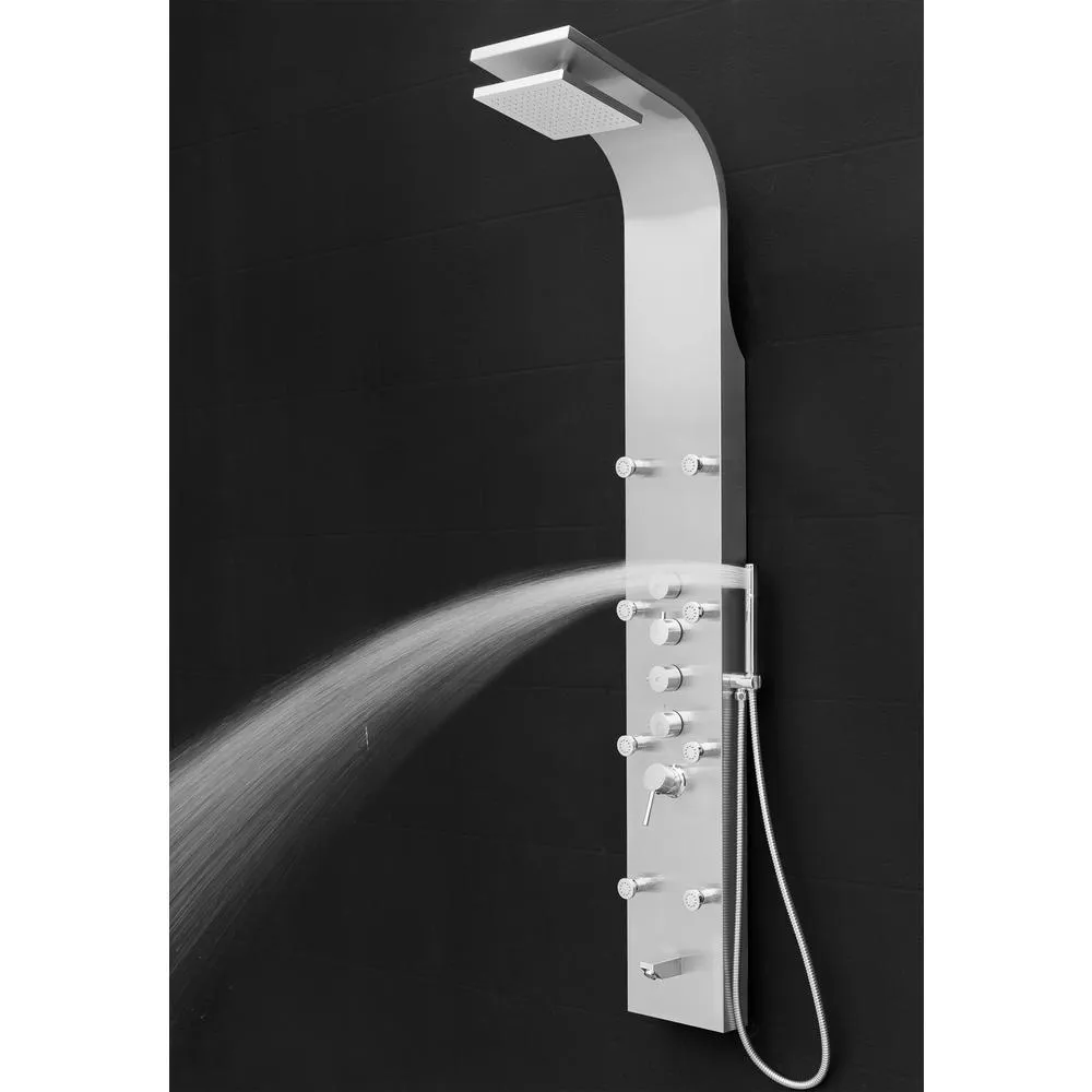 65 in. 8-Jet Shower Panel System in Stainless Steel with Adjustable Rainfall Shower Head, Handshower Wand and Tub Spout
