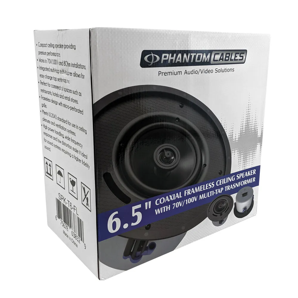 6.5 inch Coaxial Frameless Commercial Ceiling Speakers (Single) - 70V/100V - 100W Max - UL2043 Plenum Rated