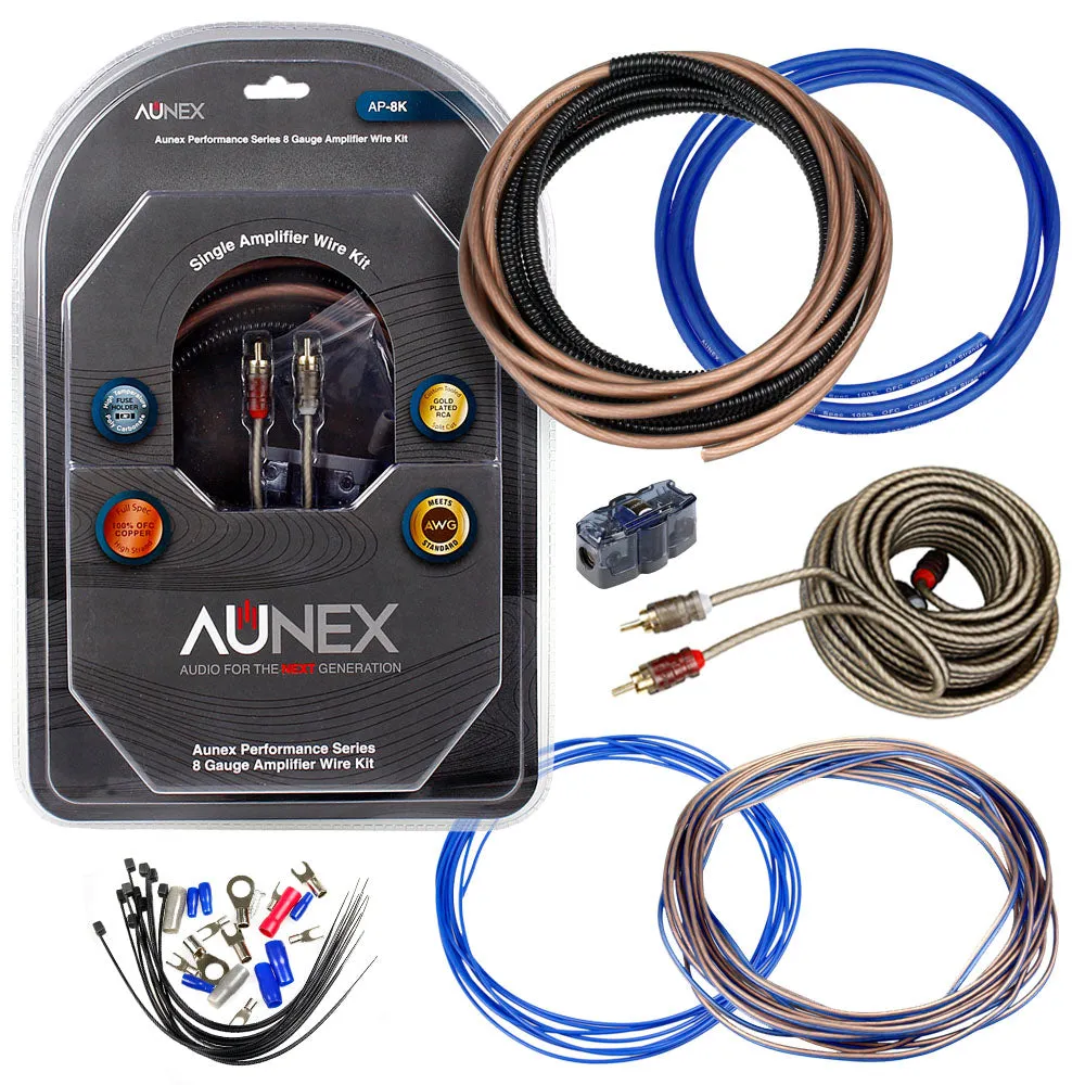 8 Gauge Amp Kit 100% OFC Copper Wire Complete Install Wiring Set AP-8K Aunex