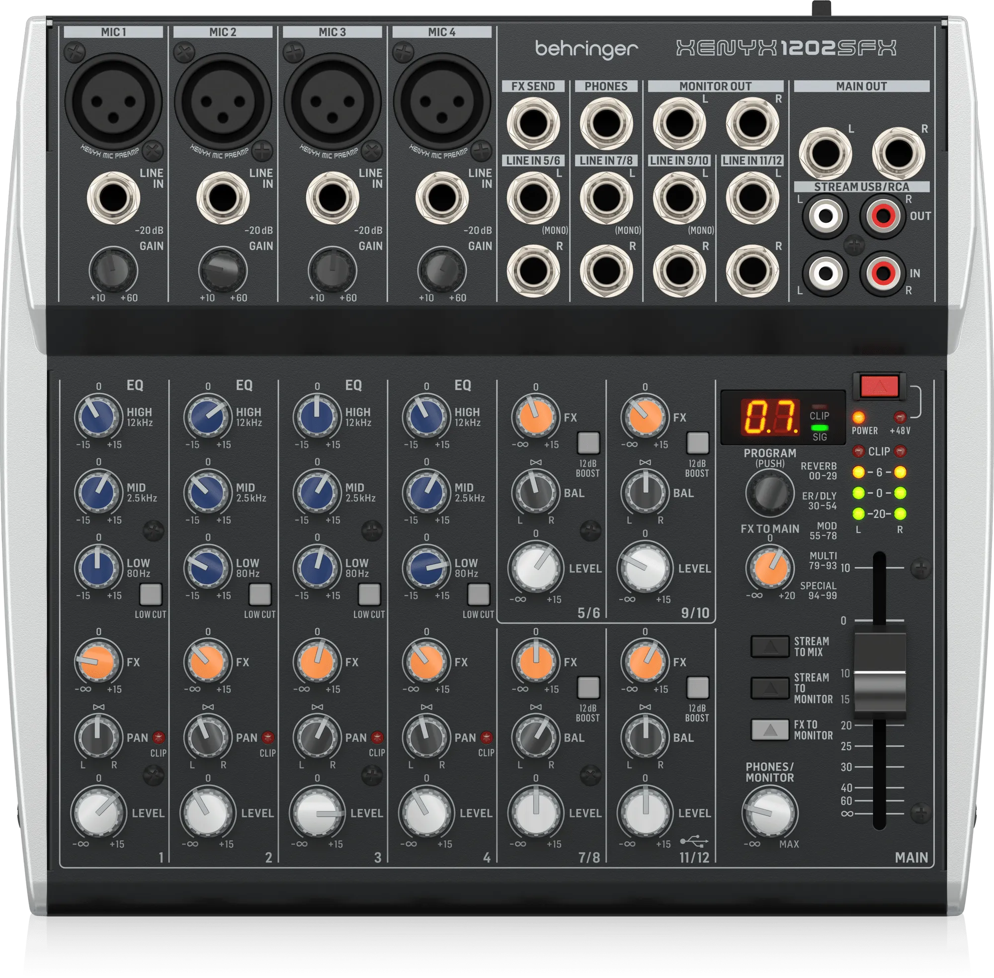 Behringer XENYX 1202SFX Premium Analog 12-Input Mixer with USB Streaming Interface and Klark Teknik Effects - Each