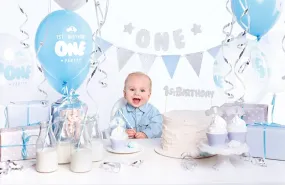 Blue and SiIver 1st Birthday Kit, Includes 2 Garlands, 6 Cupcake Toppers & 6 Wrappers, 1 Cake Topper, 10 Straws, 6 Balloons, and 1 Streamer