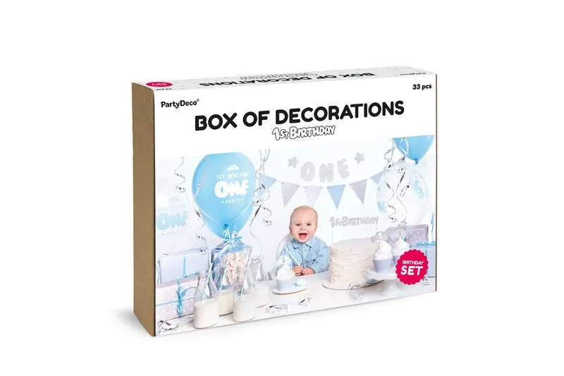 Blue and SiIver 1st Birthday Kit, Includes 2 Garlands, 6 Cupcake Toppers & 6 Wrappers, 1 Cake Topper, 10 Straws, 6 Balloons, and 1 Streamer