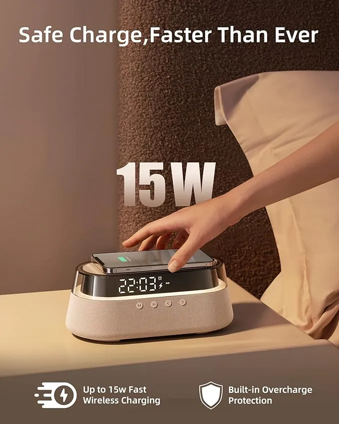 Clock Radio Glass Top - Wireless Charging, LED Lamp, Bluetooth Speaker