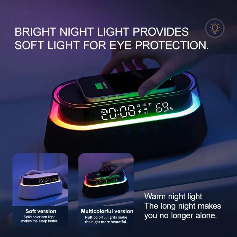 Clock Radio Glass Top - Wireless Charging, LED Lamp, Bluetooth Speaker