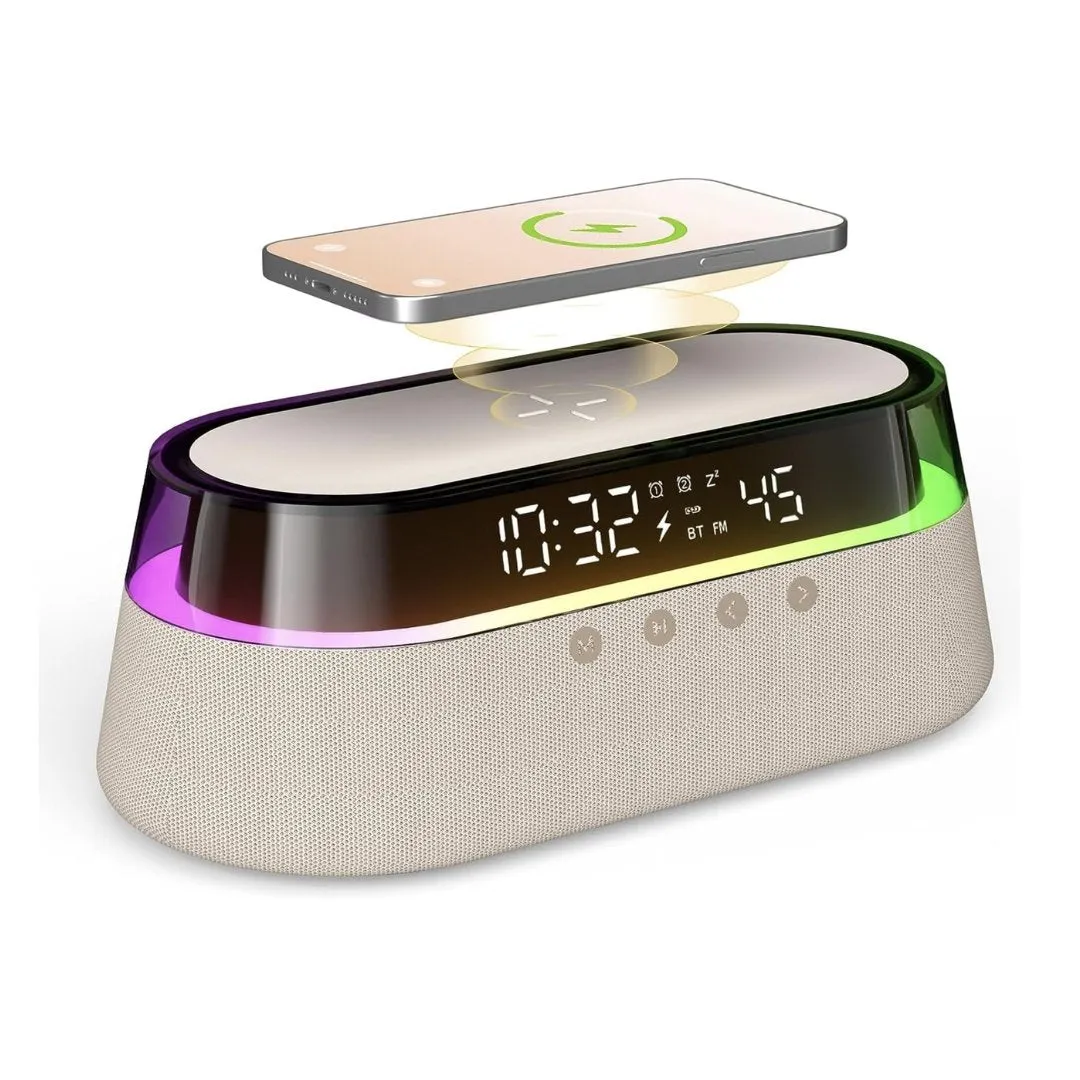 Clock Radio Glass Top - Wireless Charging, LED Lamp, Bluetooth Speaker