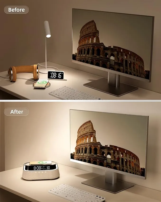Clock Radio Glass Top - Wireless Charging, LED Lamp, Bluetooth Speaker