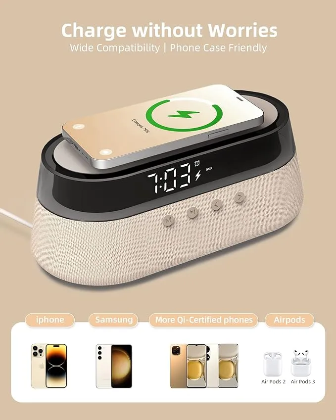 Clock Radio Glass Top - Wireless Charging, LED Lamp, Bluetooth Speaker