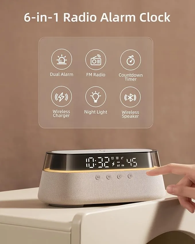 Clock Radio Glass Top - Wireless Charging, LED Lamp, Bluetooth Speaker