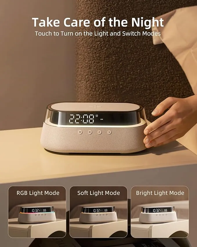Clock Radio Glass Top - Wireless Charging, LED Lamp, Bluetooth Speaker