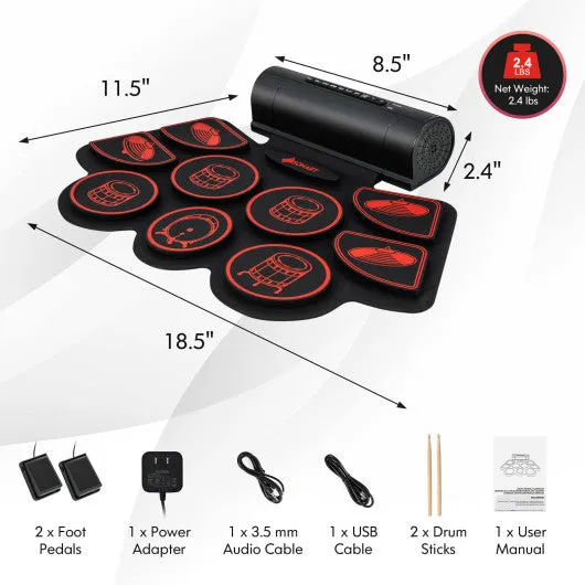 Electronic Drum Set with 2 Build-in Stereo Speakers for Kids-Red