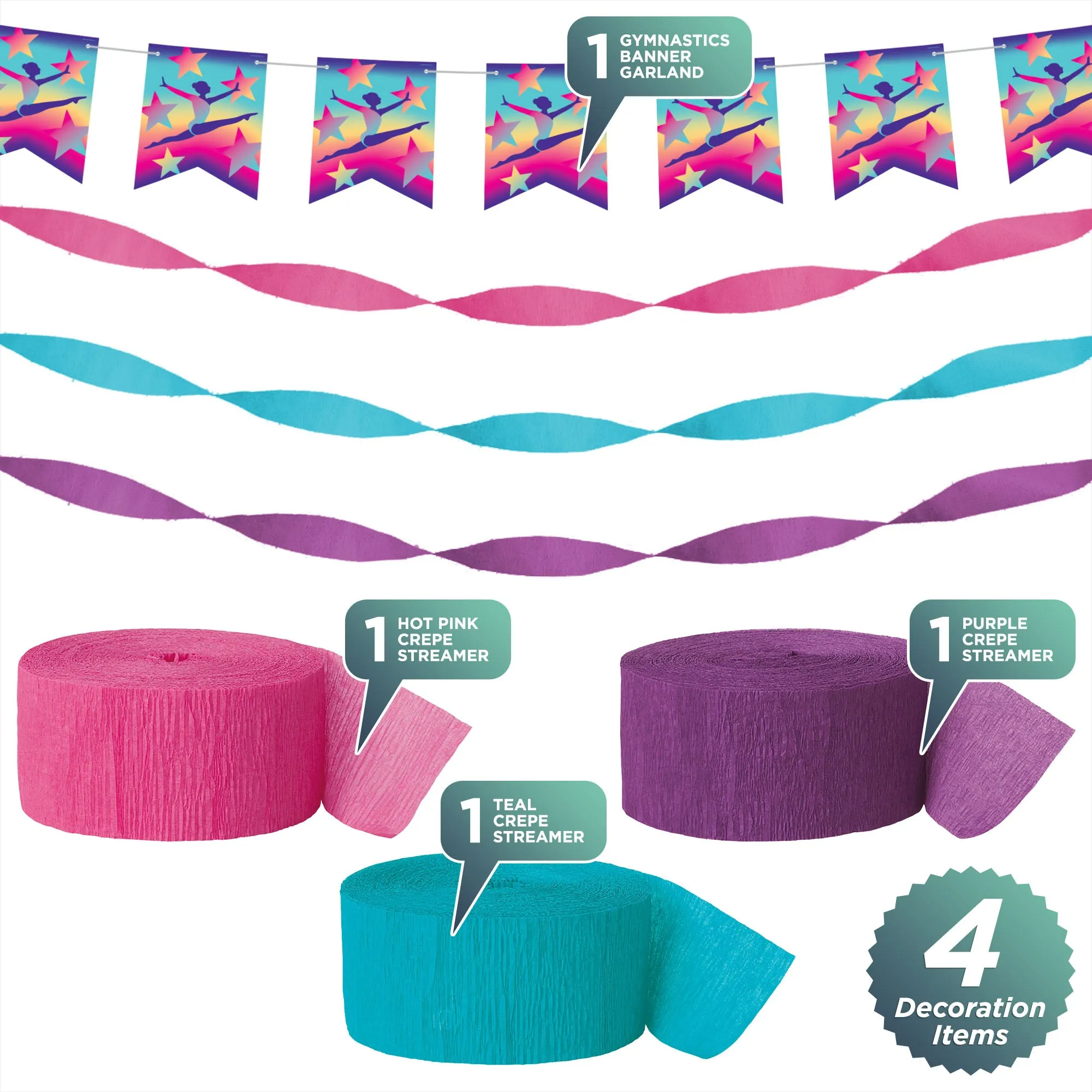Gymnastics Party Decorations Pack - Pink, Purple, and Teal Crepe Streamers with Gymnast Fishtail Banner