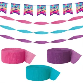 Gymnastics Party Decorations Pack - Pink, Purple, and Teal Crepe Streamers with Gymnast Fishtail Banner