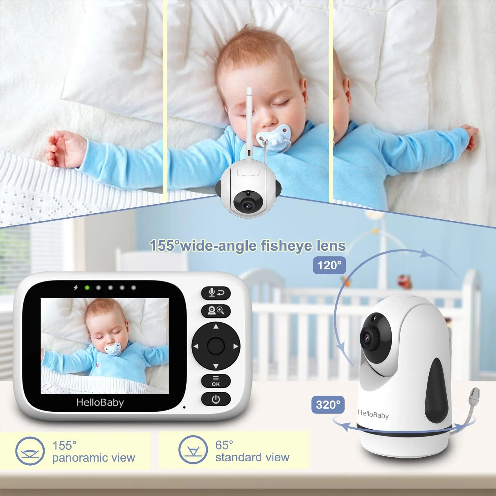 HelloBaby Baby Monitor with 1 Camera,3.2 Inch IPS Screen Video.