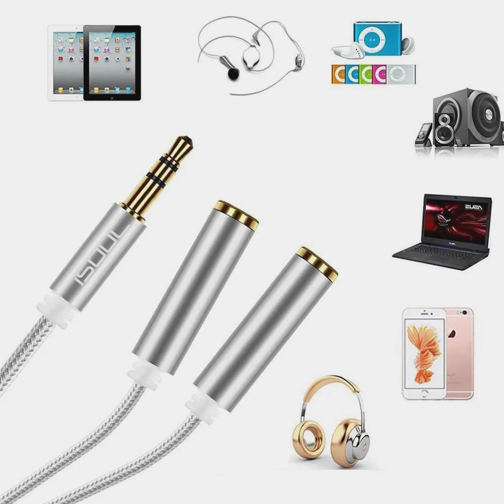 iSoul Braided 3.5mm Headphone Earphone Y Aux Splitter Adapter Jack Male to Dual Female Silver
