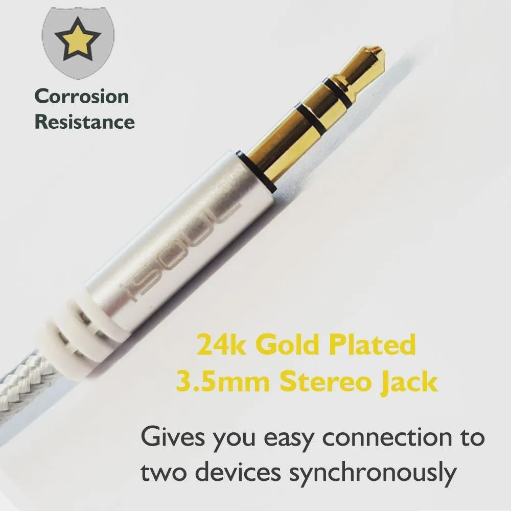 iSoul Braided 3.5mm Headphone Earphone Y Aux Splitter Adapter Jack Male to Dual Female Silver