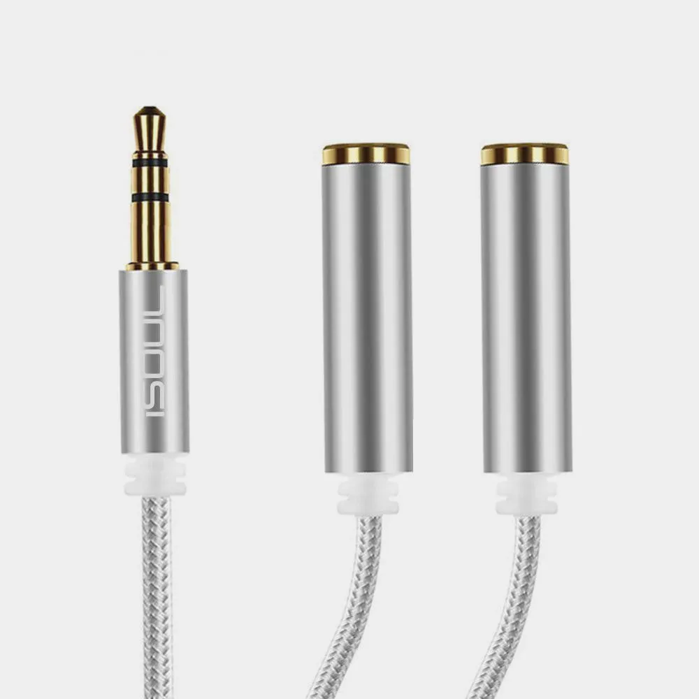 iSoul Braided 3.5mm Headphone Earphone Y Aux Splitter Adapter Jack Male to Dual Female Silver