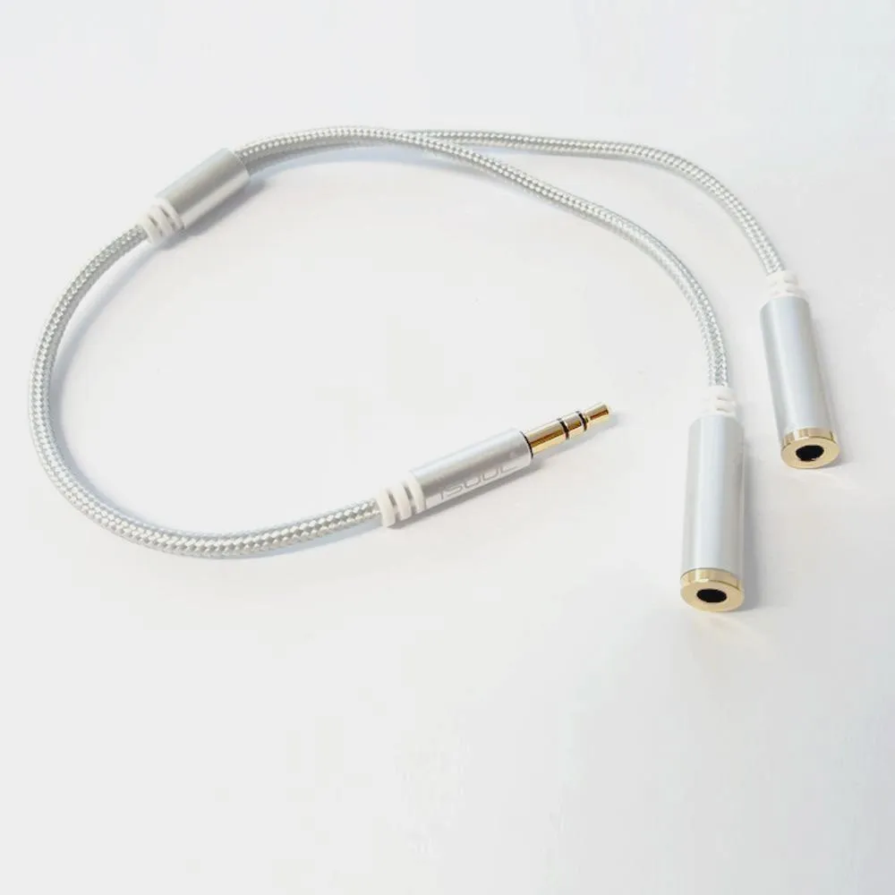 iSoul Braided 3.5mm Headphone Earphone Y Aux Splitter Adapter Jack Male to Dual Female Silver