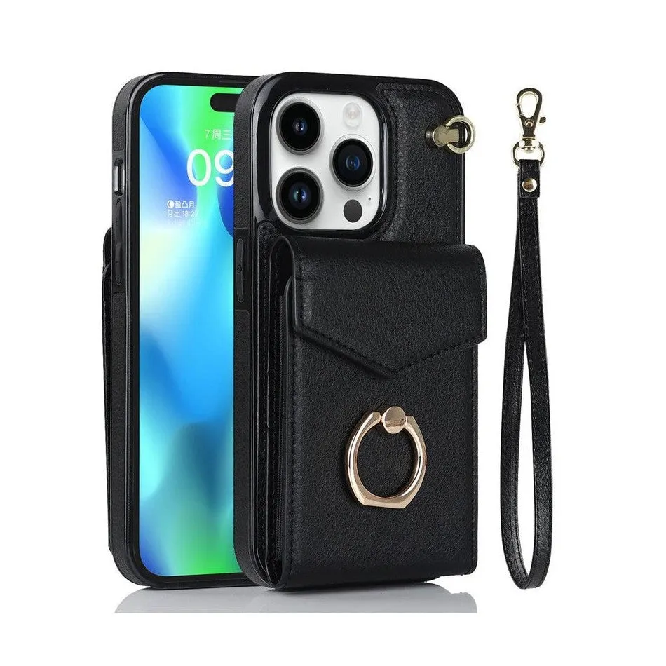Luxury Mobile Phone Case with Credit Card Holder & Stand for iPhone 13 - Black