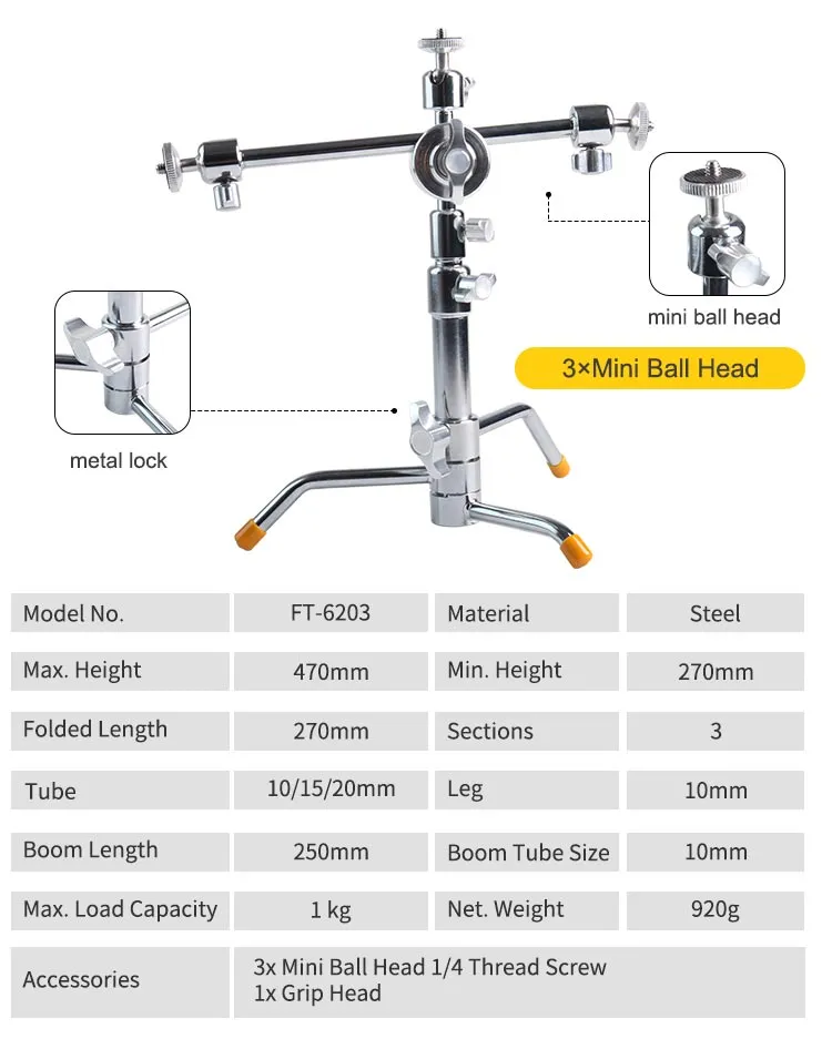 Mini Table Pocket C-Stand with Three Ball Heads