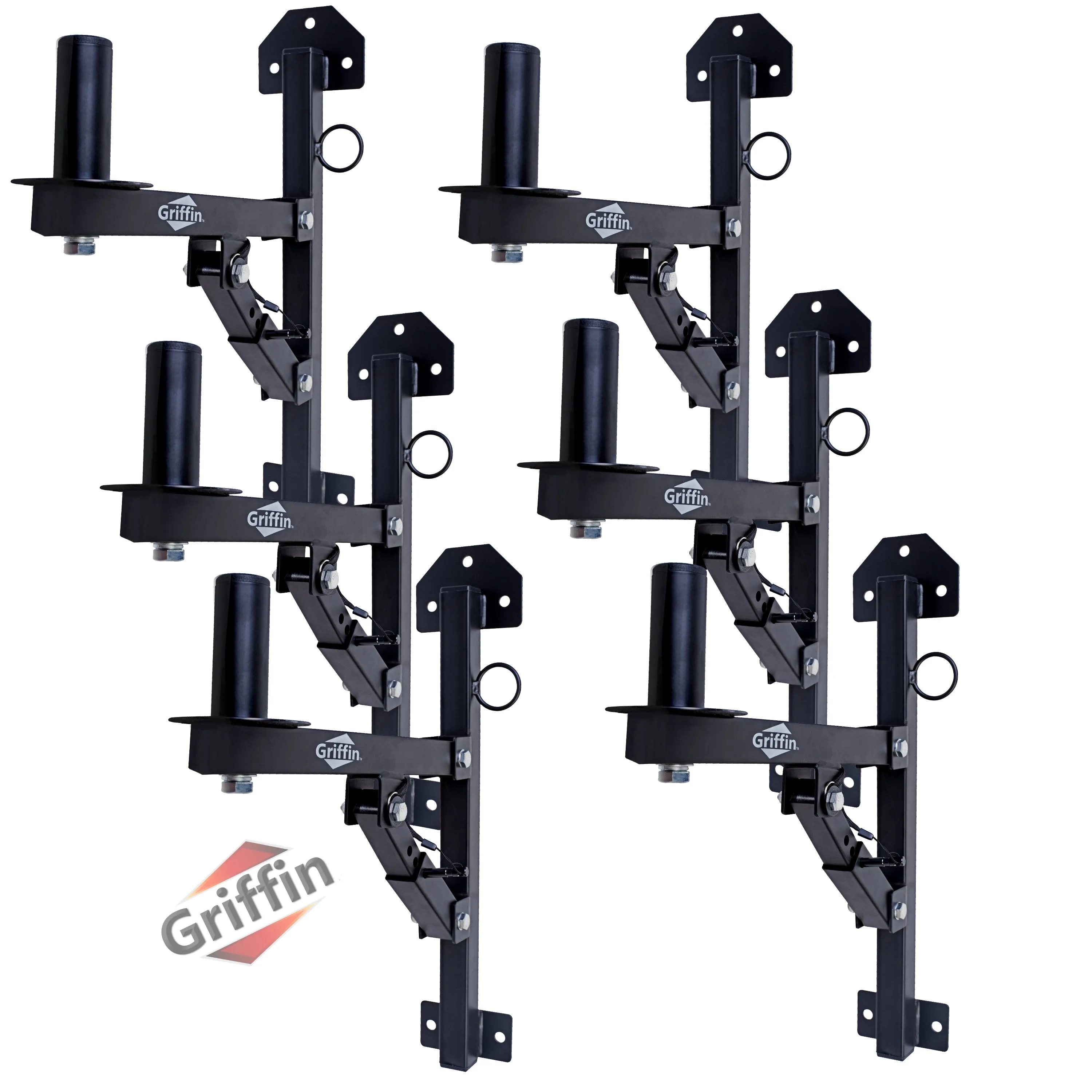 PA Speaker Wall Mount Bracket Stands (6 PACK) by GRIFFIN - All-Steel Pro-Audio 35mm Pole Holders with Securing Locking Pin & 3-Level Tilt Adjustments - DJ On-Stage Studio Monitor Holders