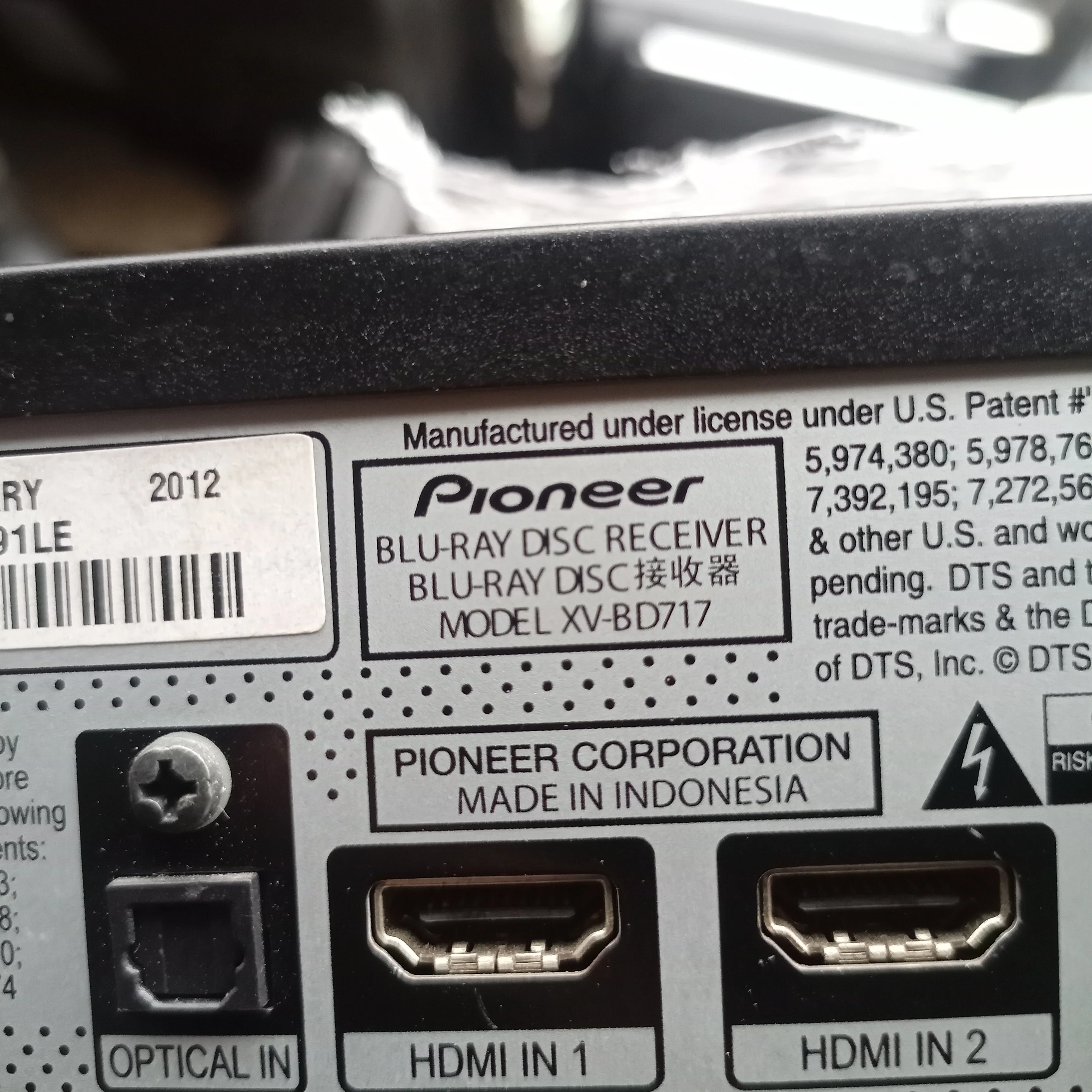 PIONEER XV-BD707 5.1Ch 1000Watts Bluetooth 3D Blu-Ray DVD Home Theater Machine Head - London Used
