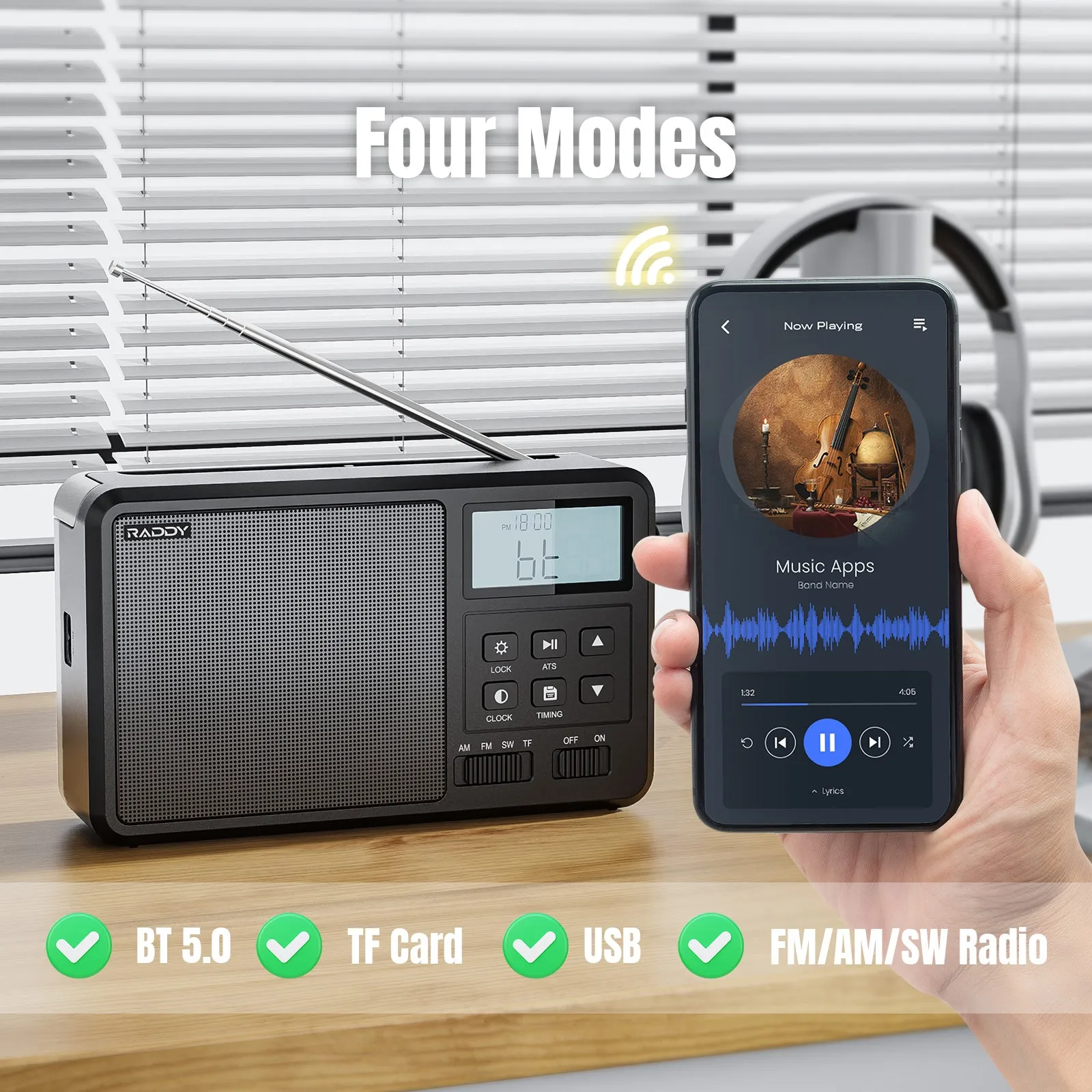 Raddy RF206 Shortwave Radio | FM/AM/SW | 8W Speaker | LCD Display | Bluetooth 5.0 | TF Card/USB Play