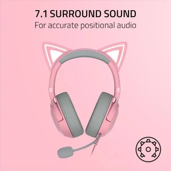 Razer Kraken Kitty Ears V2 Wired RGB Headset 40mm Drivers 7.1 Sound - Pink