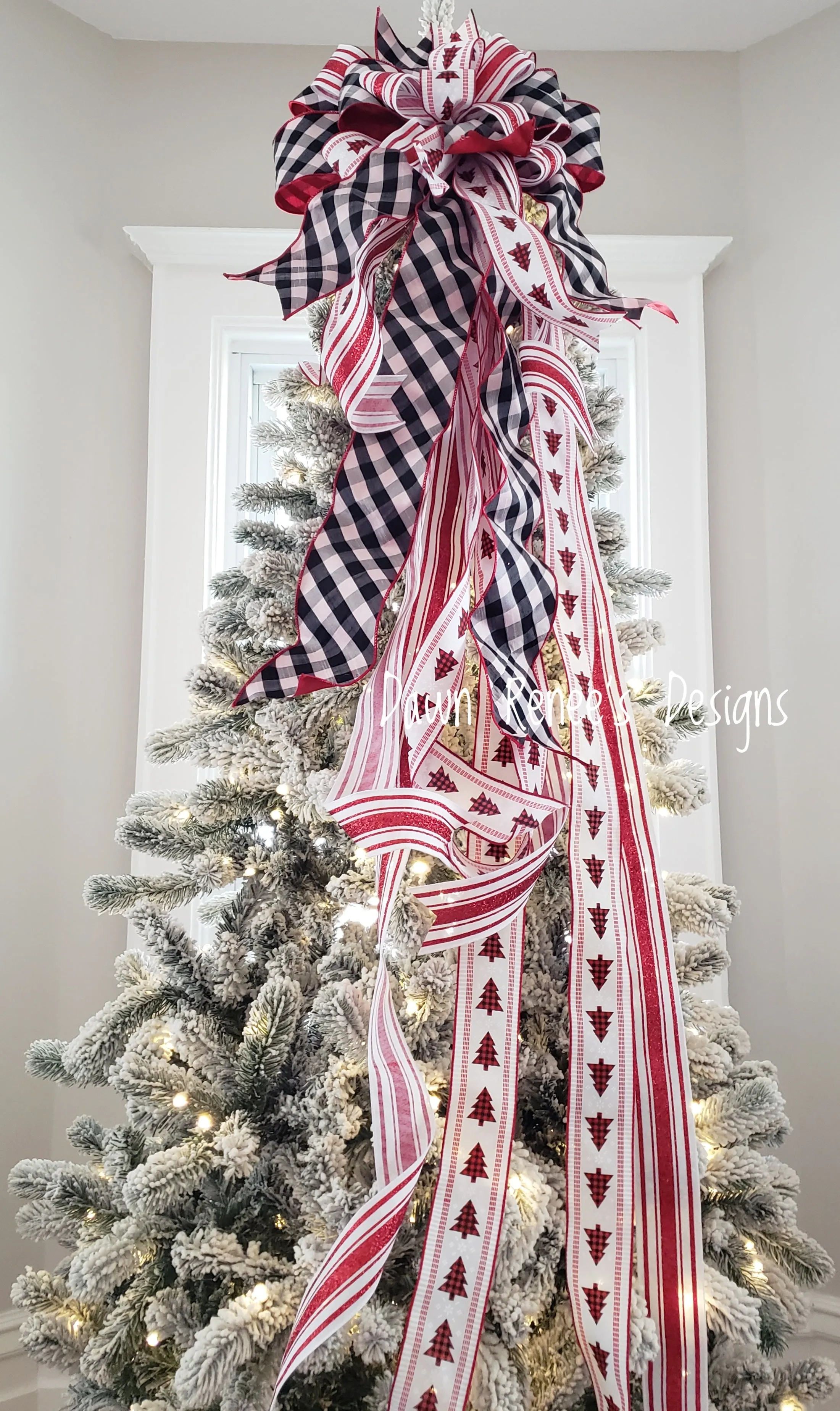 Red White Black Christmas Tree Topper Bow with Long Streamers