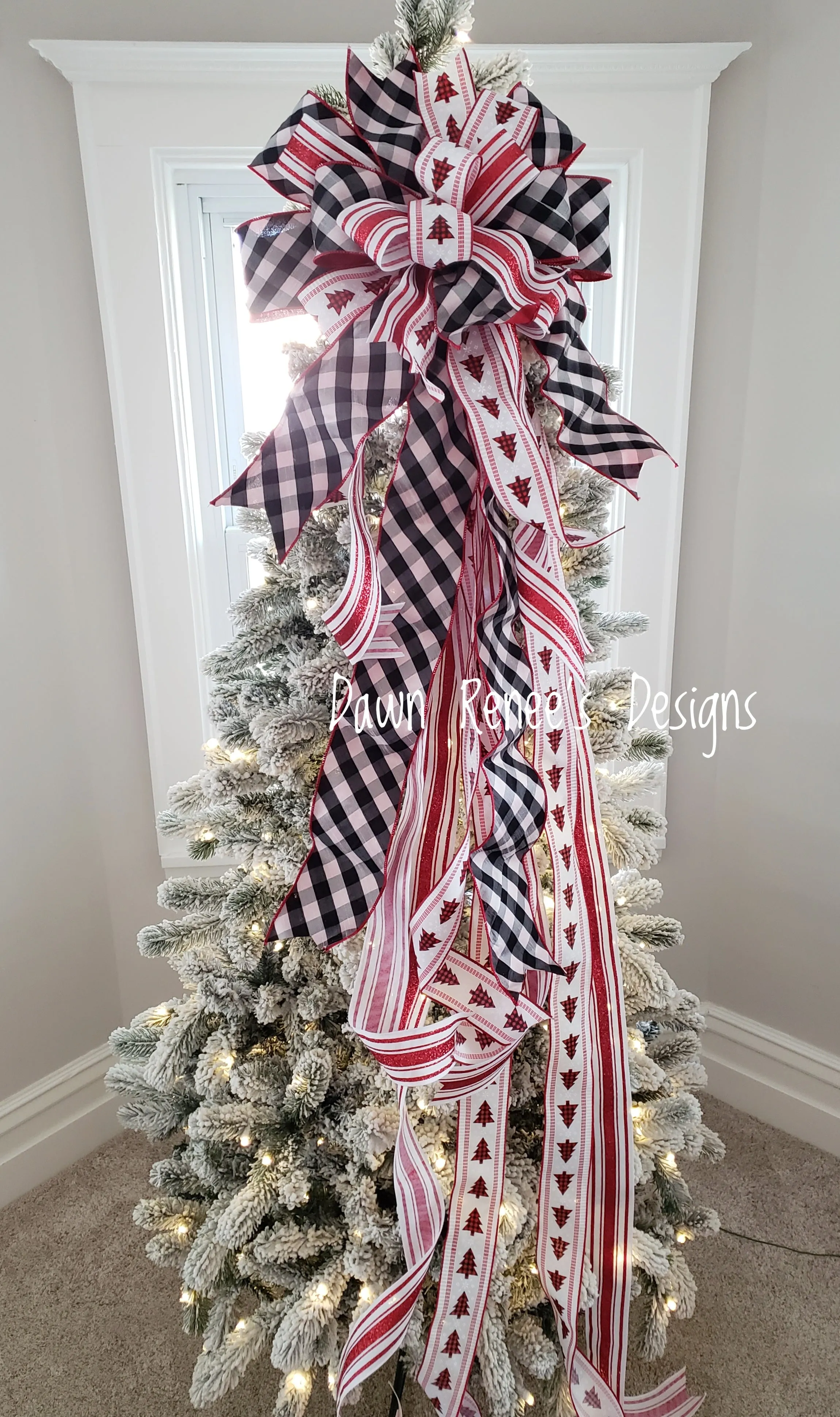 Red White Black Christmas Tree Topper Bow with Long Streamers
