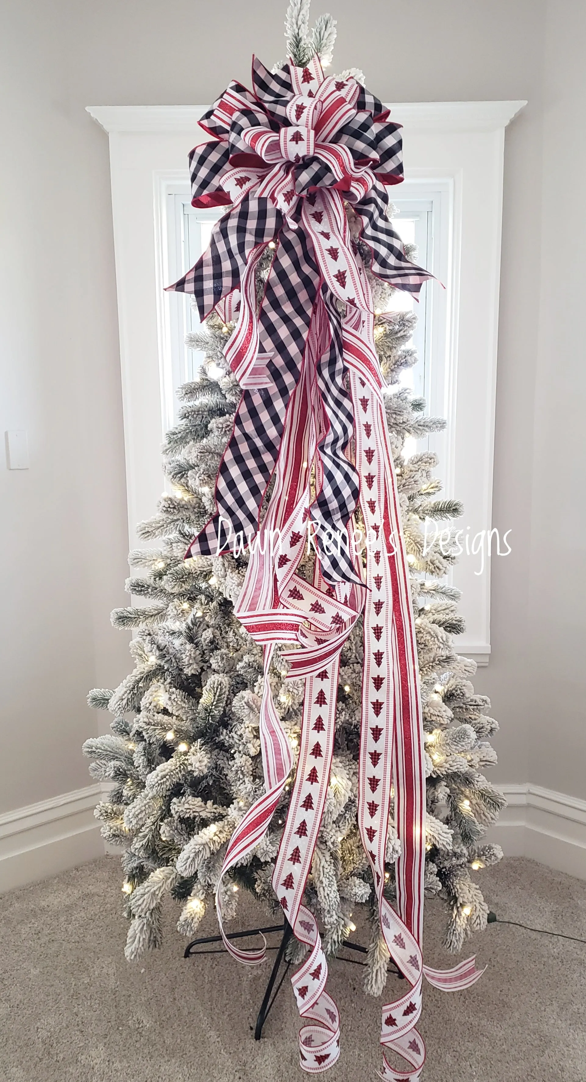 Red White Black Christmas Tree Topper Bow with Long Streamers
