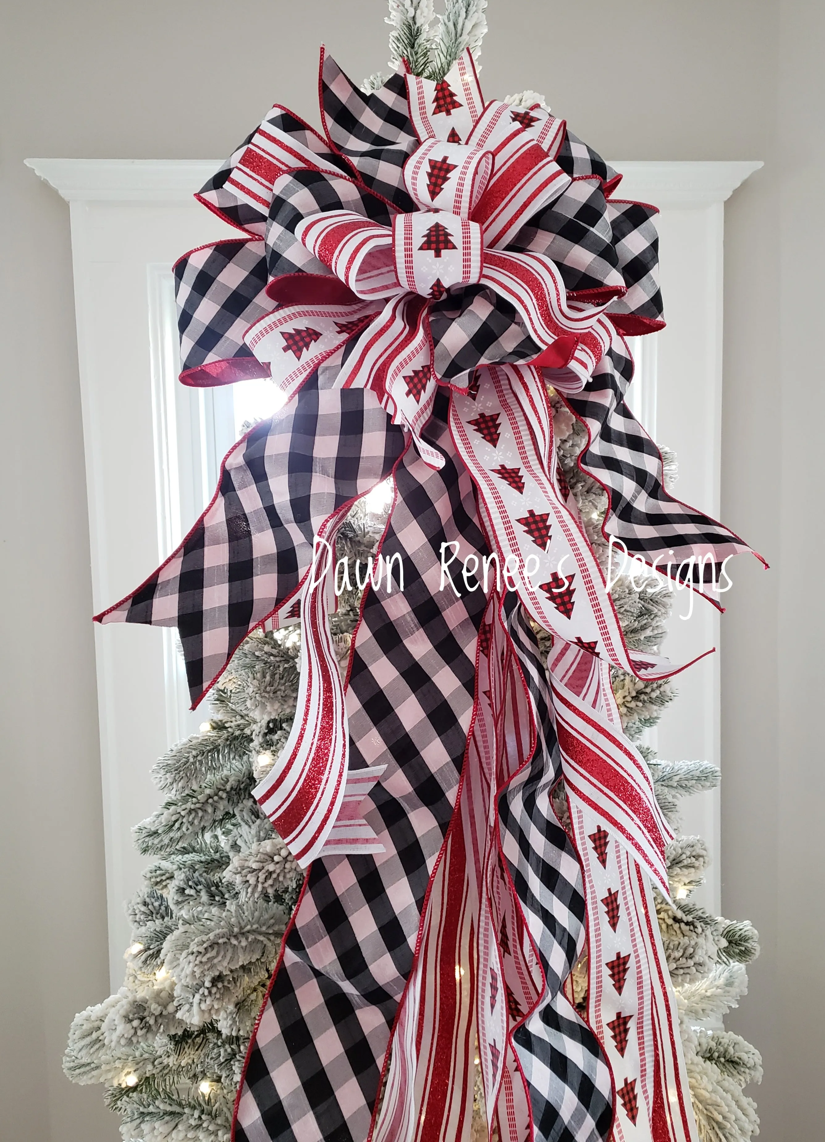 Red White Black Christmas Tree Topper Bow with Long Streamers