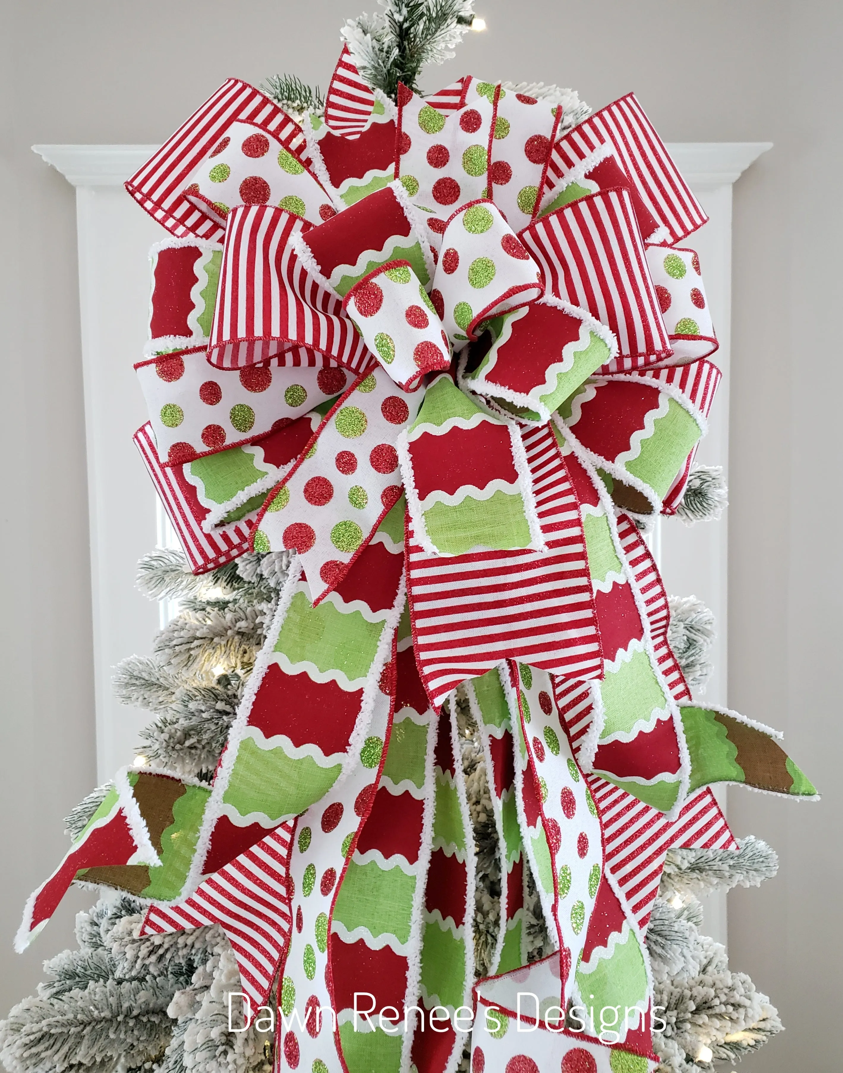 Red White Green Christmas Tree Bow with Long Streamers