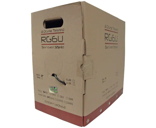 RG6 Cable Dual Shield CM Coaxial Cable, 18 AWG CCS, AL Foil Bonded   60% AL Braid, 1000', Black or White