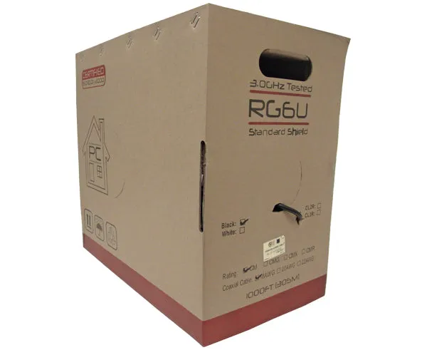 RG6 Cable Dual Shield CM Coaxial Cable, 18 AWG CCS, AL Foil Bonded   60% AL Braid, 1000', Black or White