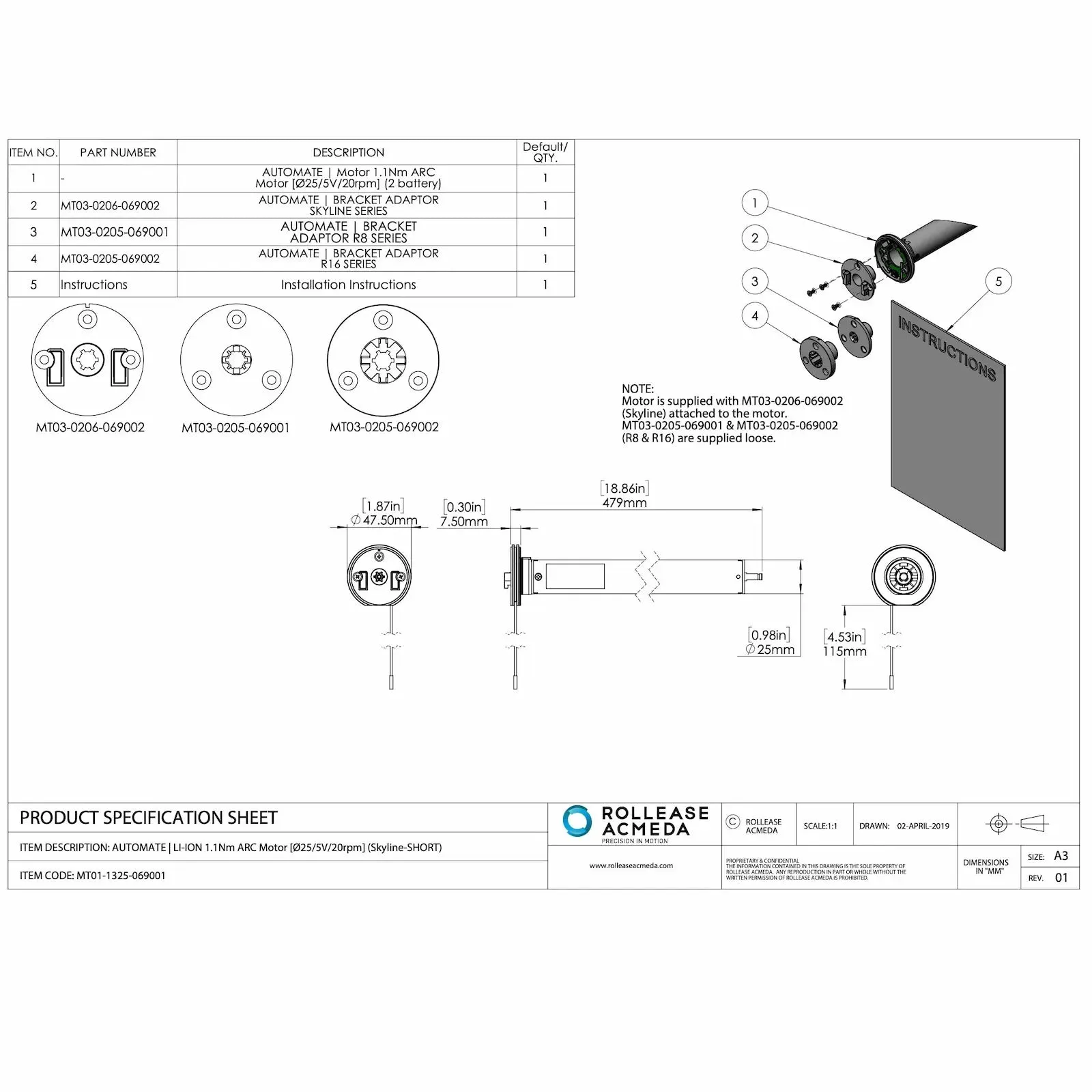 Rollease Automate 5V Zero Li-Ion 1.1Nm Battery Motor Short