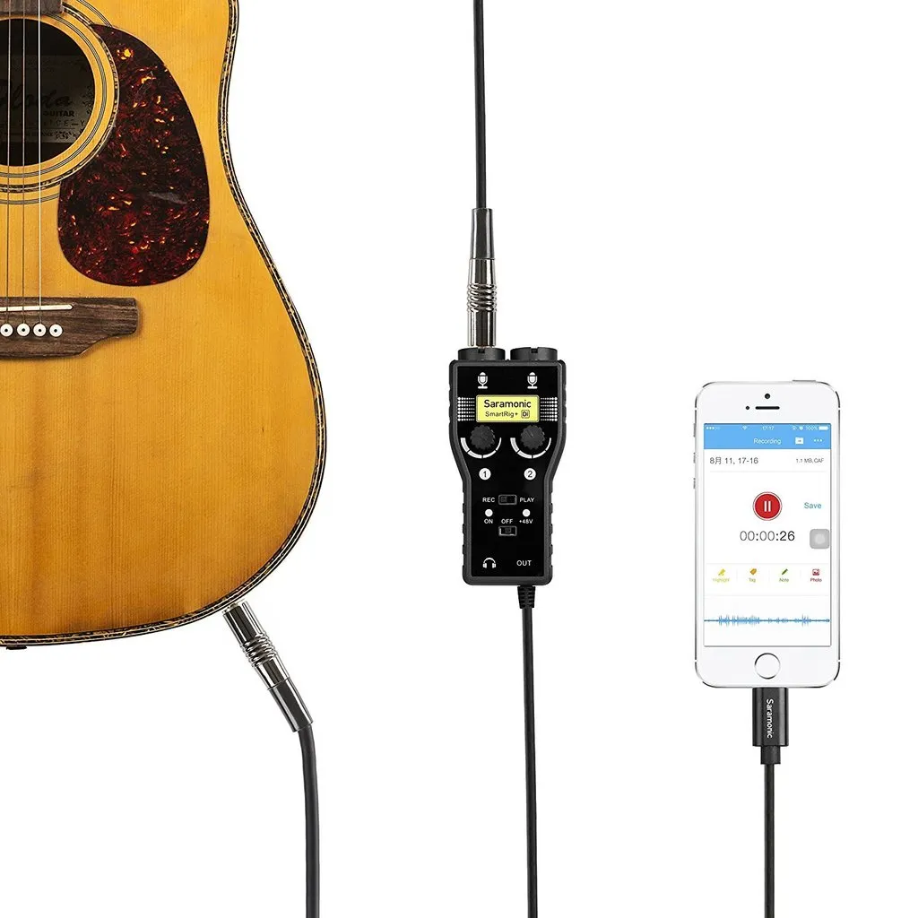 Saramonic 2-Ch 3.5mm, XLR Microphone & 6.35mm Guitar Interface with Lightning Output Connector Professional Video, (SMARTRIG DI)