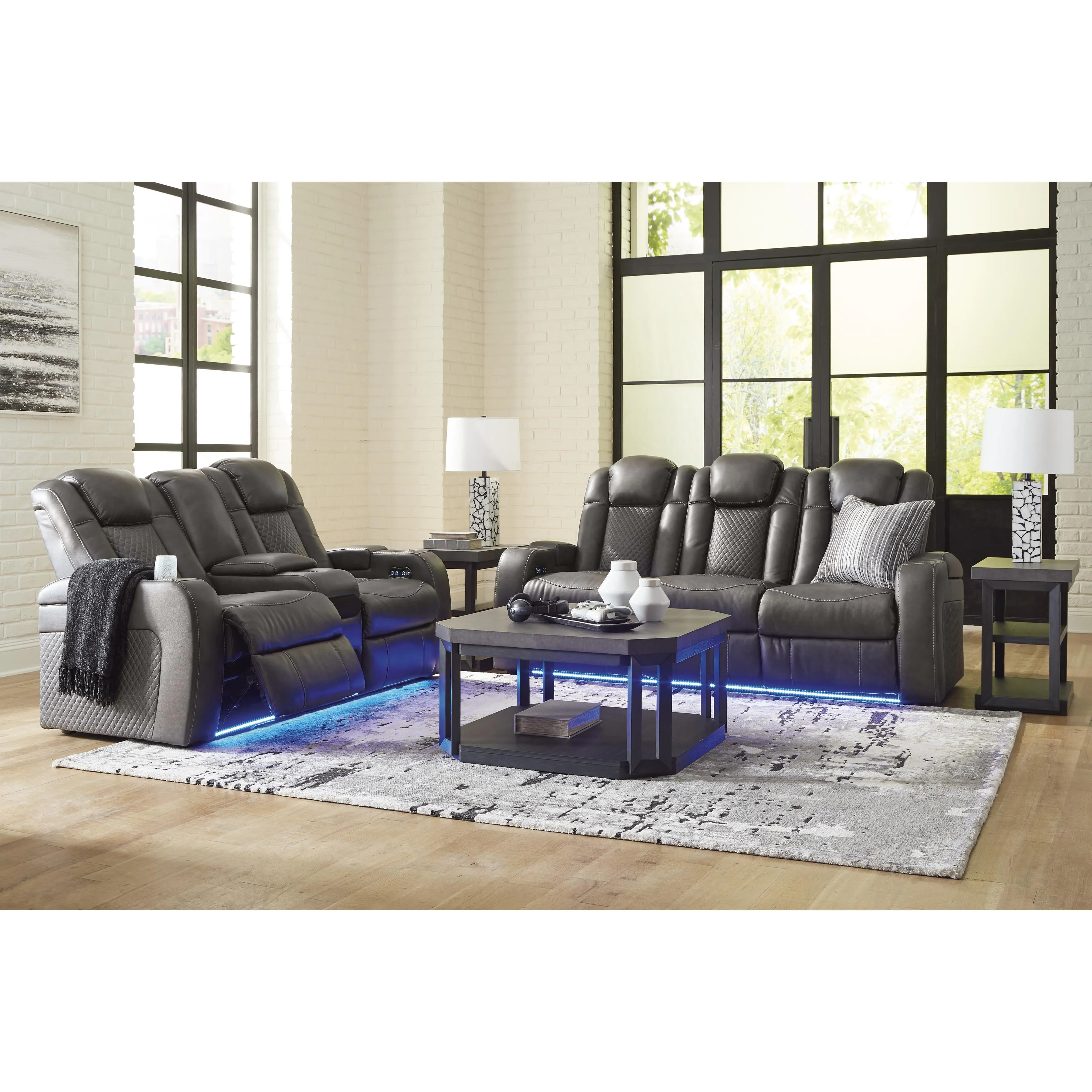 Signature Design by Ashley Fyne-Dyme Power Reclining Leather Look Loveseat with Console 3660218