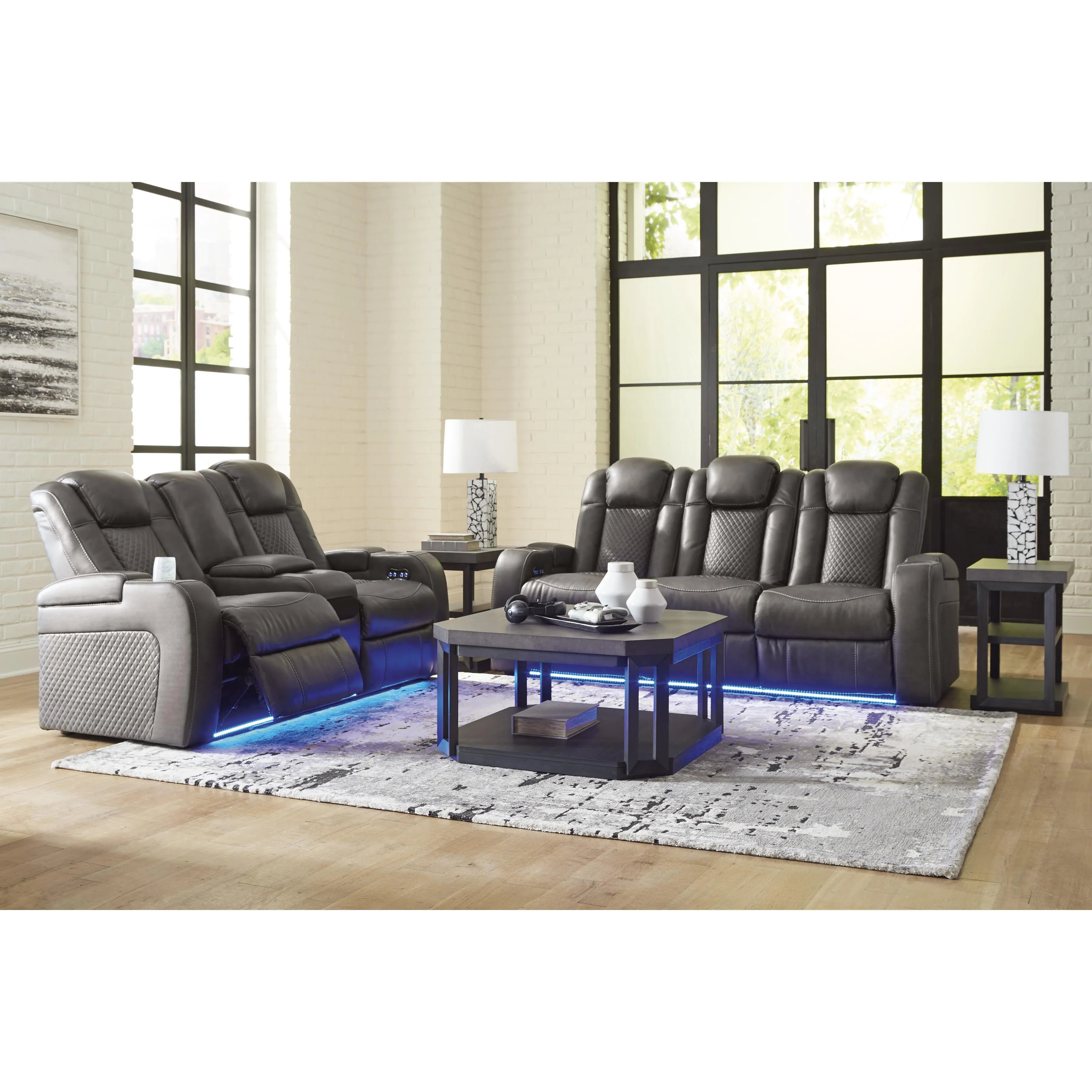 Signature Design by Ashley Fyne-Dyme Power Reclining Leather Look Loveseat with Console 3660218